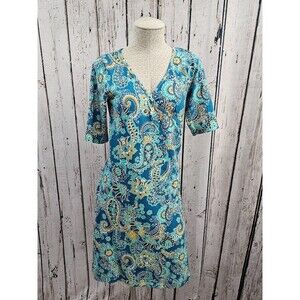 Prana Women's S Nadia Dress Blue Paisley Surplice Crossover‎ Short Sleeve EUC